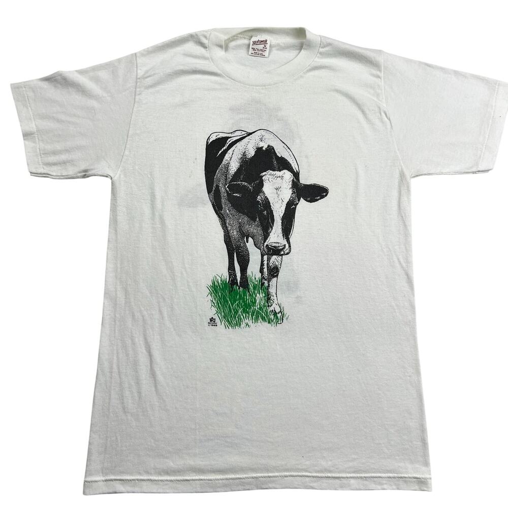 LSJ sportswear Cow Grass Print Front & Back T-Shirt Size medium USA 1983 single